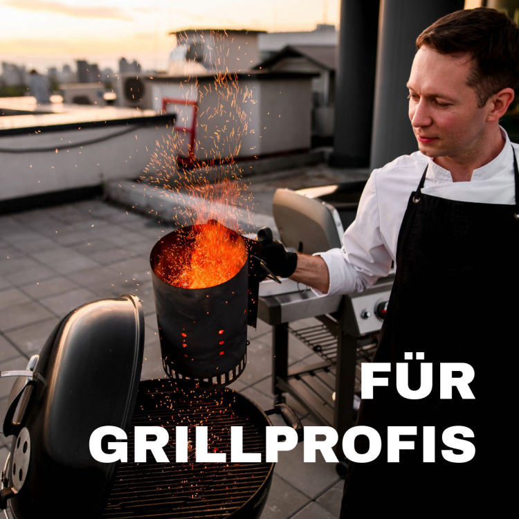 Koch am Grill und Schriftzug Für Grillprofis